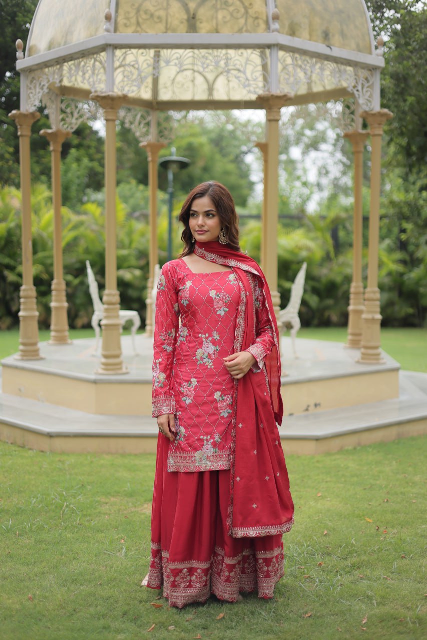 Rani Pink Color Chinnon Printed Plazzo Suit By Stylish Ethnic