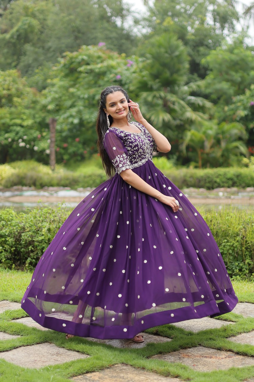 Purple Embroidered Faux Blooming Gown By Stylish Ethnic