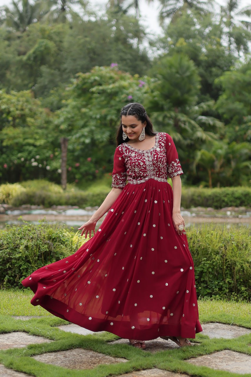 Maroon Embroidered Faux Blooming Gown By Stylish Ethnic