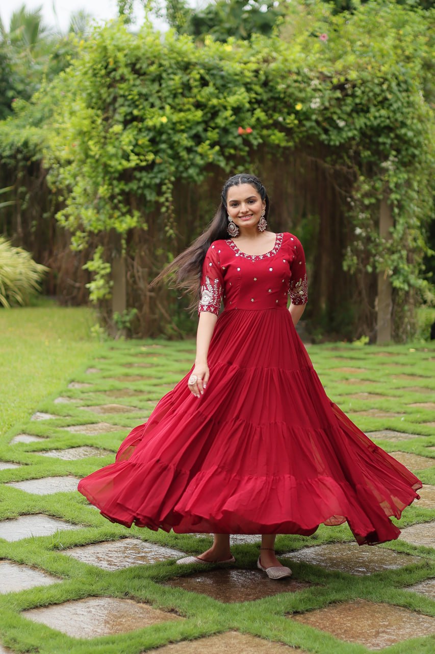 Maroon Zari Sequin Embroidered Faux Blooming Gown By Stylish Ethnic