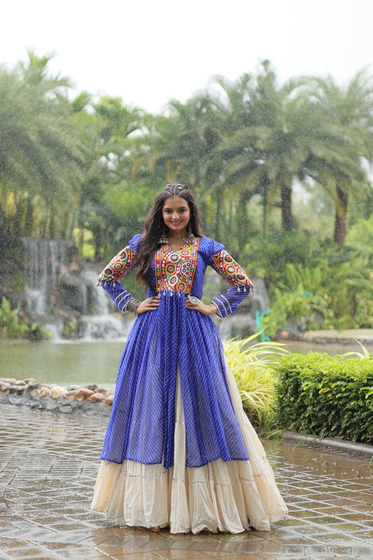 Blue Mirror Work Cotton Navratri Wear Kurti With Lehenga By Stylish Ethnic