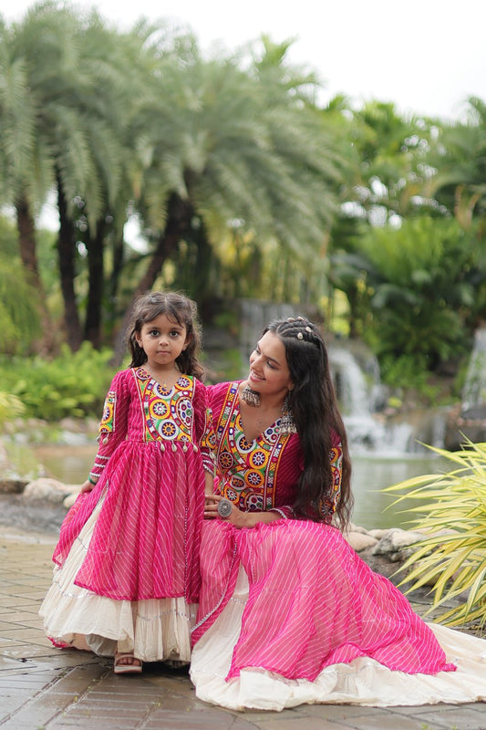 Mother Daughter Matching Lehenga With Gamthi Work Rani Pink Green Navaratri Combo By Stylish Ethnic