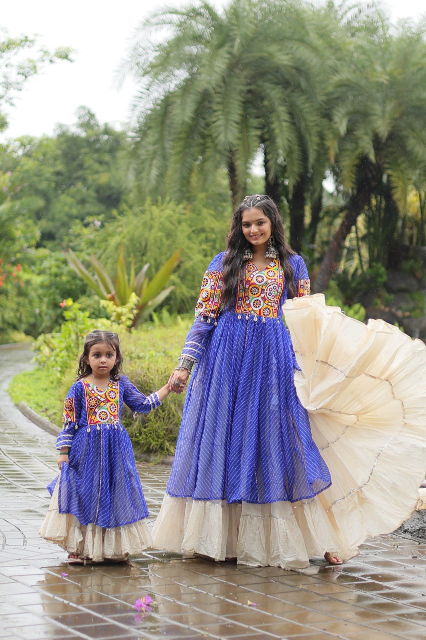 Mother Daughter Matching Lehenga With Gamthi Work Blue Green Navaratri Combo By Stylish Ethnic