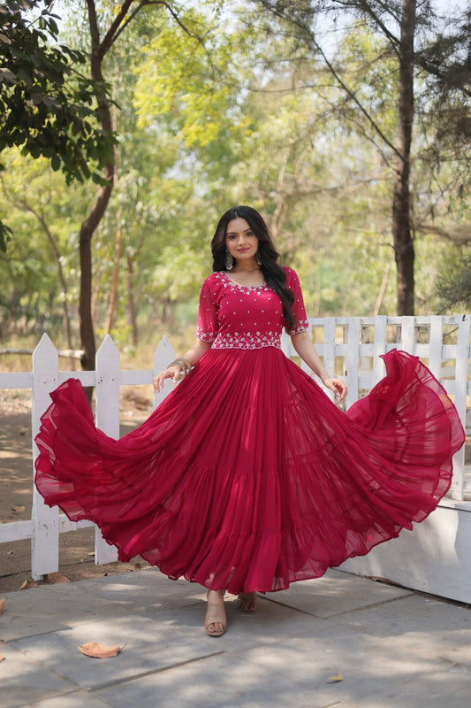 Maroon Zari Embroidered Georgette Gown By Stylish Ethnic