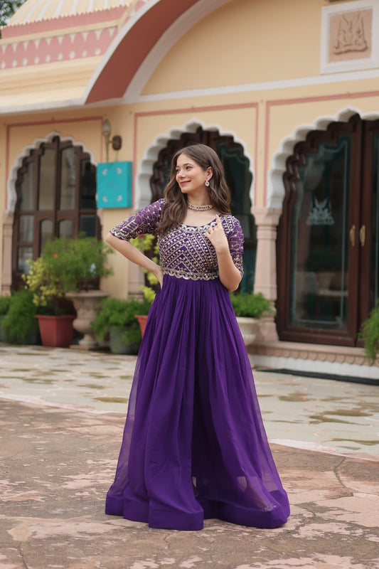 Embroidery Zari Work In Purple Colour Long Gown By Stylish Ethnic