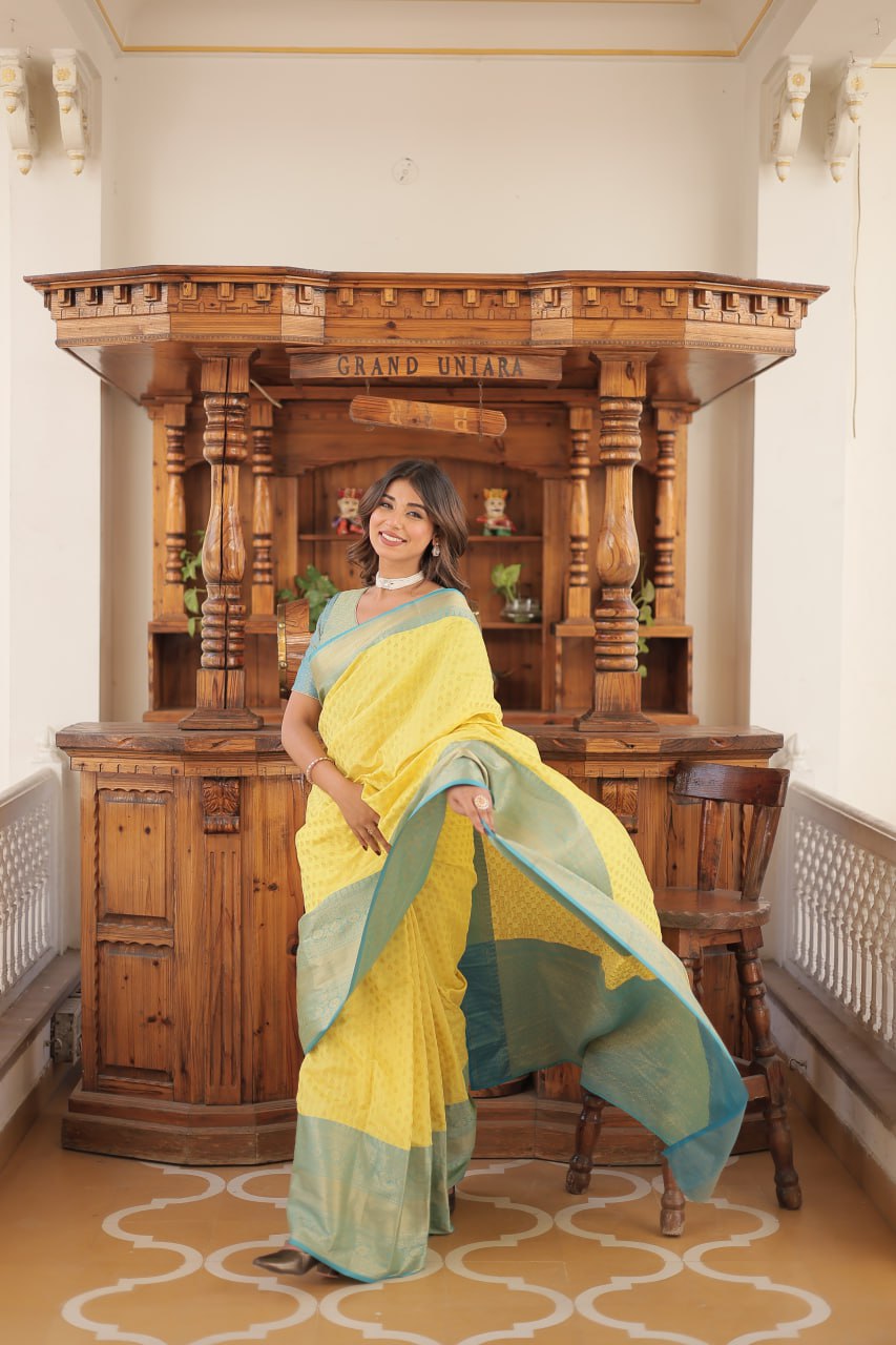 Yellow Color Kanjivaram Soft Silk Saree By Stylish Ethnic