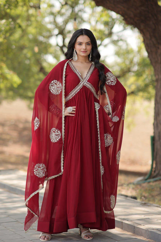 Maroon Zari Sequin Embroidered Faux Blooming Gown By Stylish Ethnic