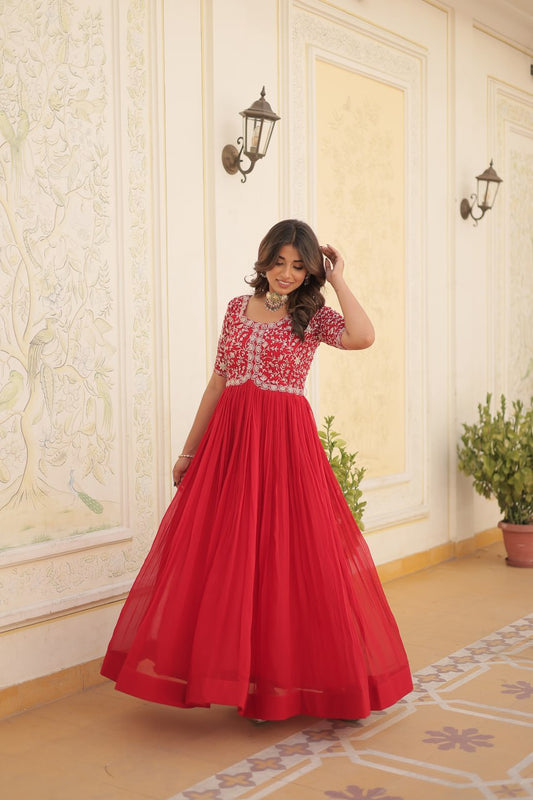Red Color Faux Blooming Zari Sequence Embroidered Ethnic Gown By Stylish Ethnic