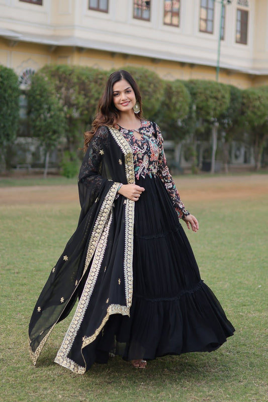 Black Colour Premium Readymade Gown With Dupatta By Stylish Ethnic