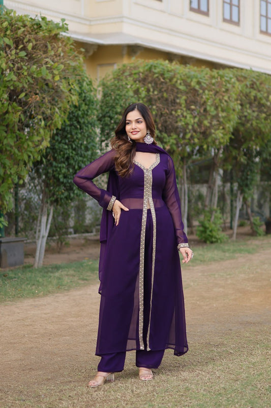 Purple Plain Georgette Kurta Pant With Dupatta By Stylish Ethnic