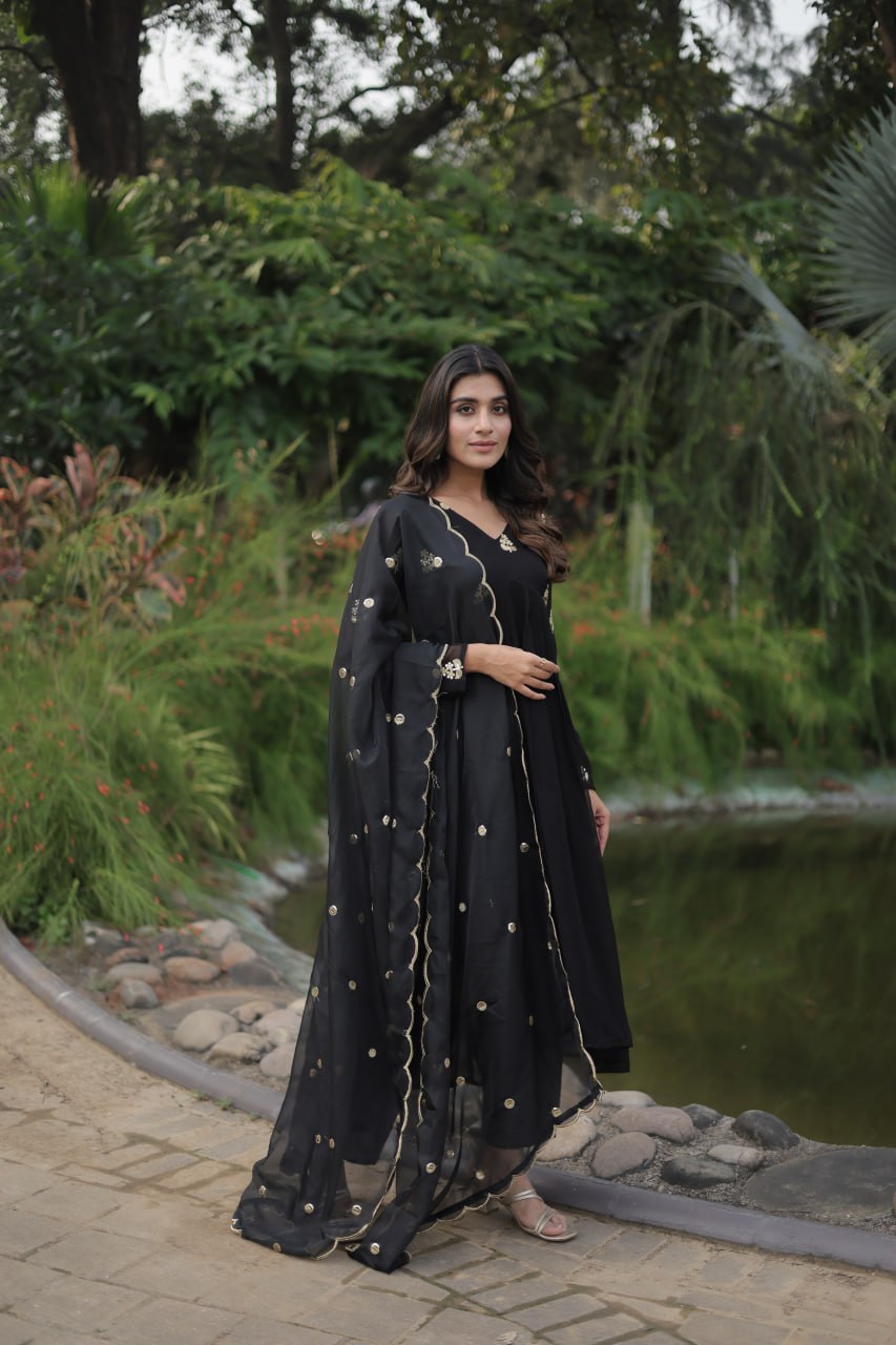 Black Nayra Cut Anarkali Suit with Embroidery Work