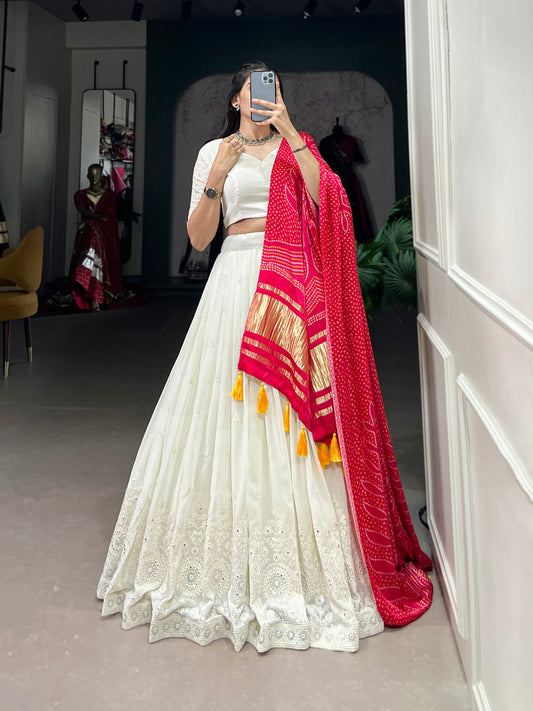 Off White Color Lucknowi Work Lehenga Choli With Gaji Silk Red Dupatta