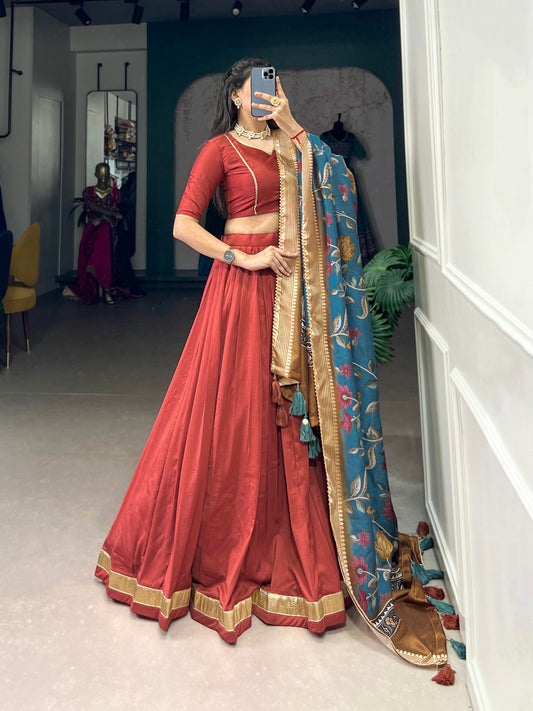 Stunning Maroon Cotton Plain Lehenga Choli With Dupatta