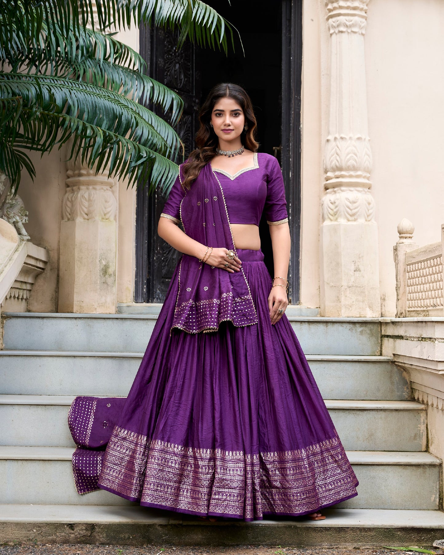 Grace and Beauty Pure Chanderi Sequin Embellished Purple Lehenga