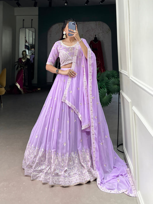 Amazing Lavender Thread Work Georgette Engagement Wear Lehenga Choli