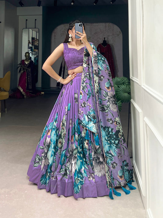 Lavender Tussar Silk Floral Lehenga choli