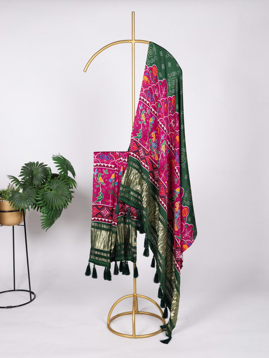 Pink And Green Pure Gaji Silk patola Print Dupatta with Tassels