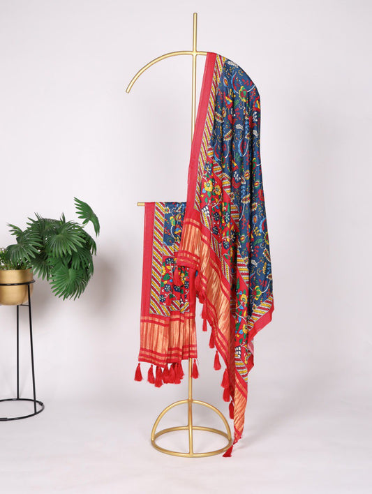 Pure Gaji Silk Floral Print Navy Blue Dupatta with Tassels