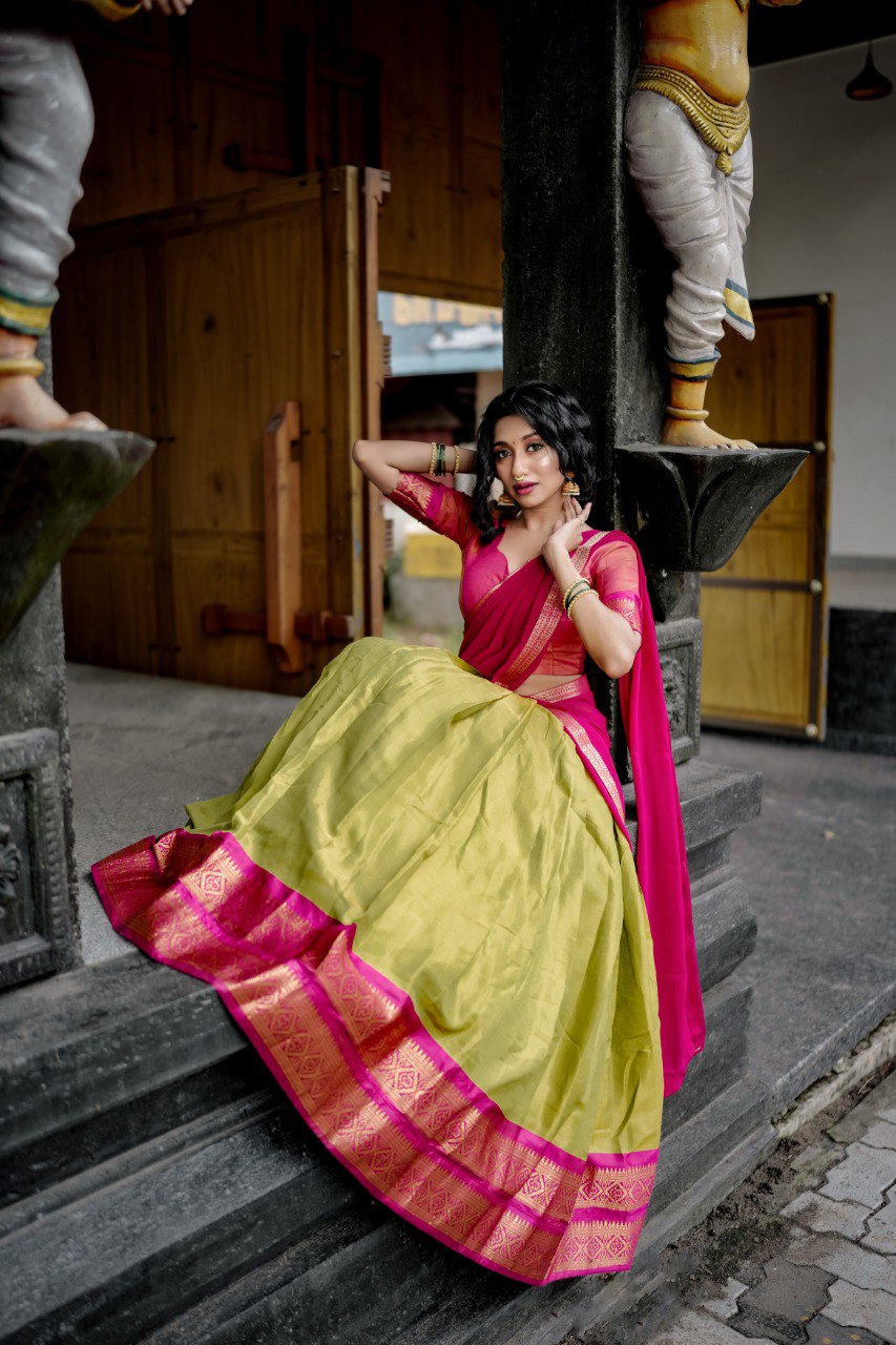 Olive Green & Magenta Woven Kanchipuram Silk Lehenga Choli