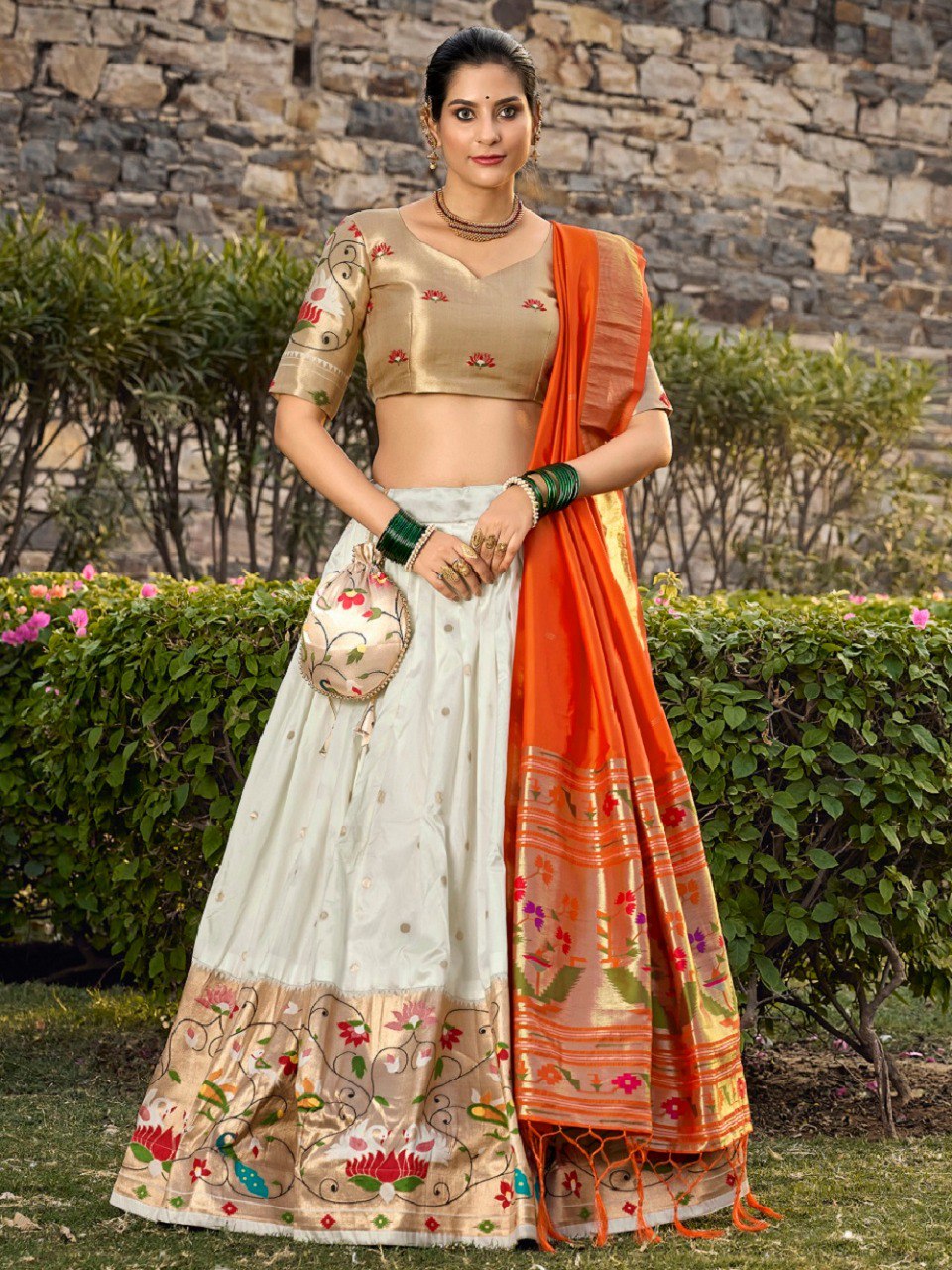 White Zari Woven Jacquard Silk Lehenga Set With Purse