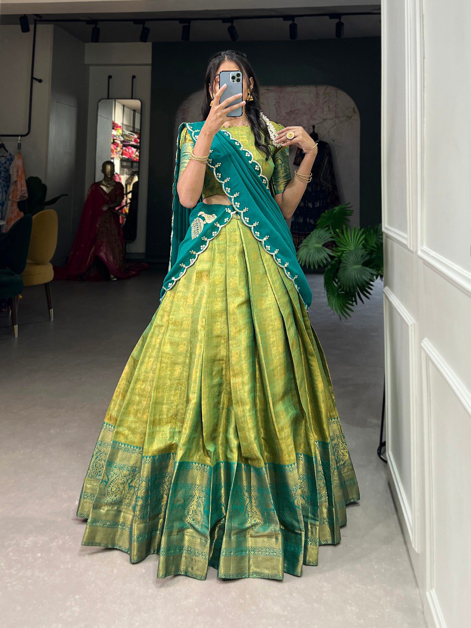 Kanjivaram Silk Green Lehenga Choli With Flowing Dupatta