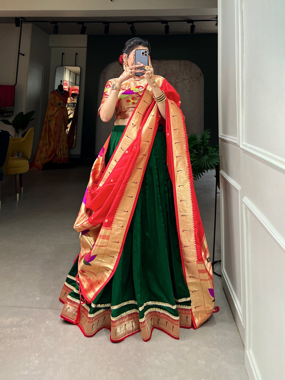 Green Color Plain With Paithani Lace Border Vichitra Silk Lehenga Choli