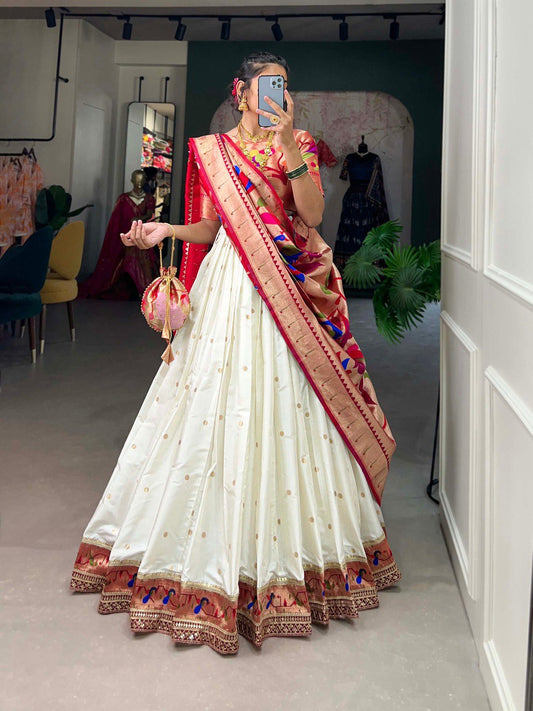 White Color Jacquard Paithani silk Lehenga Choli