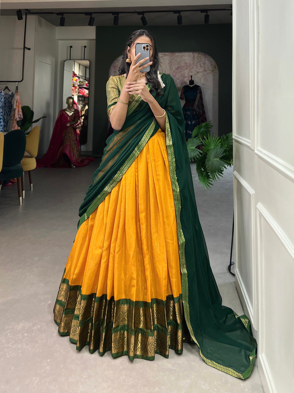 Yellow Color Zari Weaving Work Kanchipuram Women Lehenga Choli