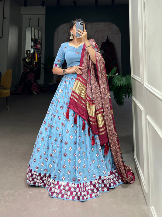 Sky Blue Color Georgette Designing Lehenga Choli With Gaji Silk Dupatta