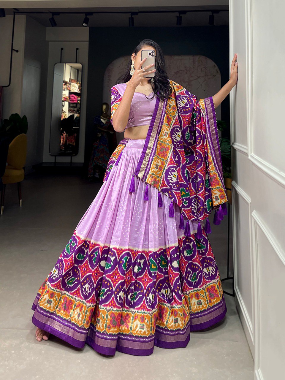 Lavender Color Patola Print With Foil Work Tussar Silk Lehenga Choli