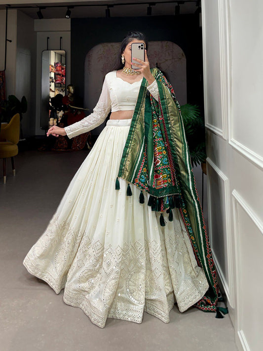 White Color Lucknowi Paper Mirror Work Georgette lehenga Choli With Green Silk Dupatta