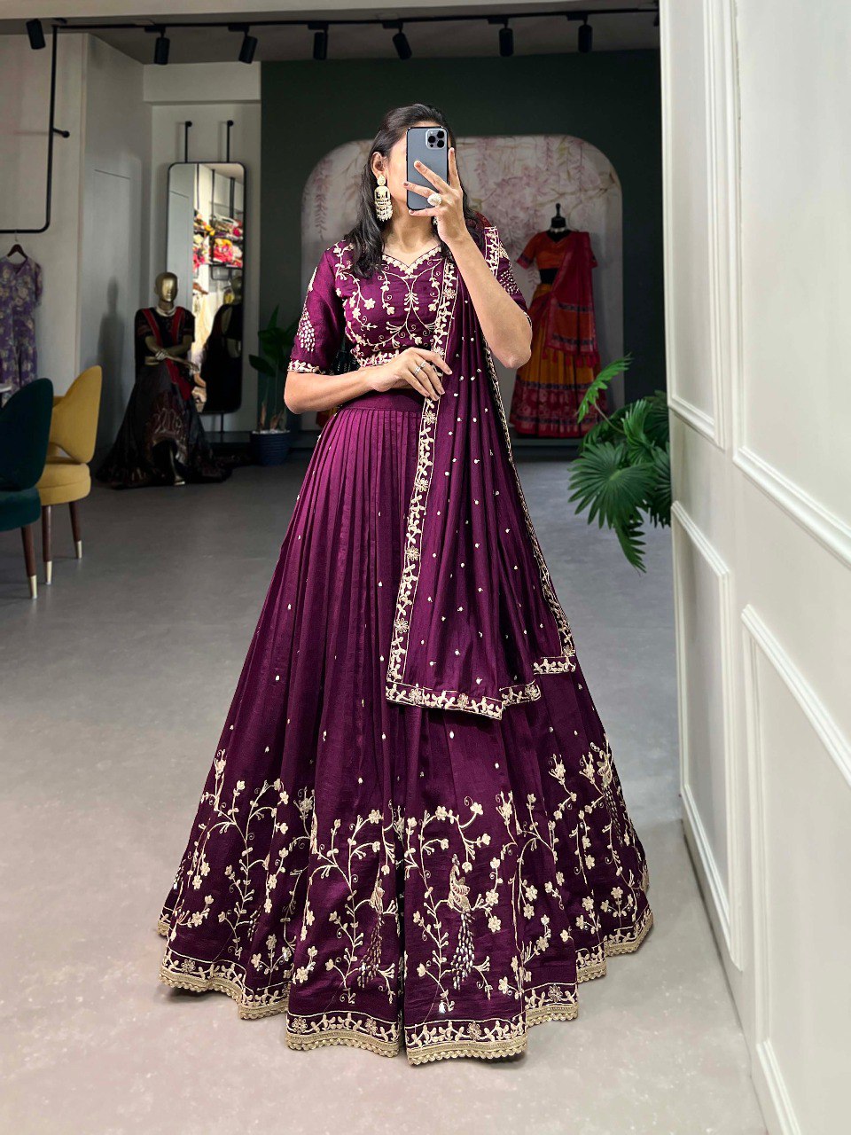 Wine Color Vichitra Silk Sequence Embroidery Lehenga Choli