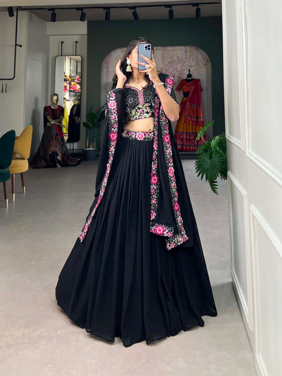 Pretty Black Sequins Georgette Party Wear Lehenga Choli With Dupatta