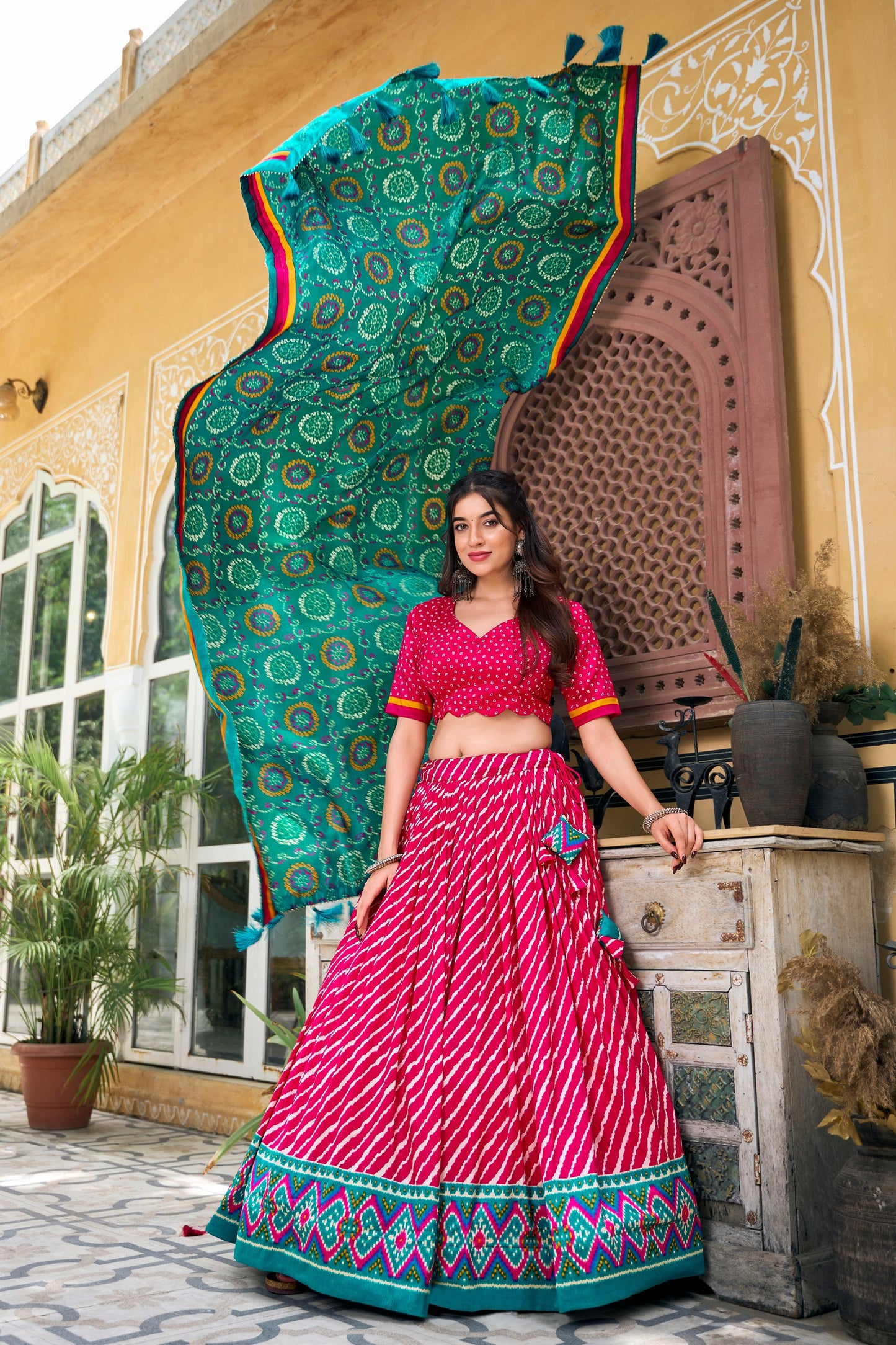 Pink Tussar Silk Lehenga Choli with Leheriya Print, Patola Border & Bandhani Dupatta