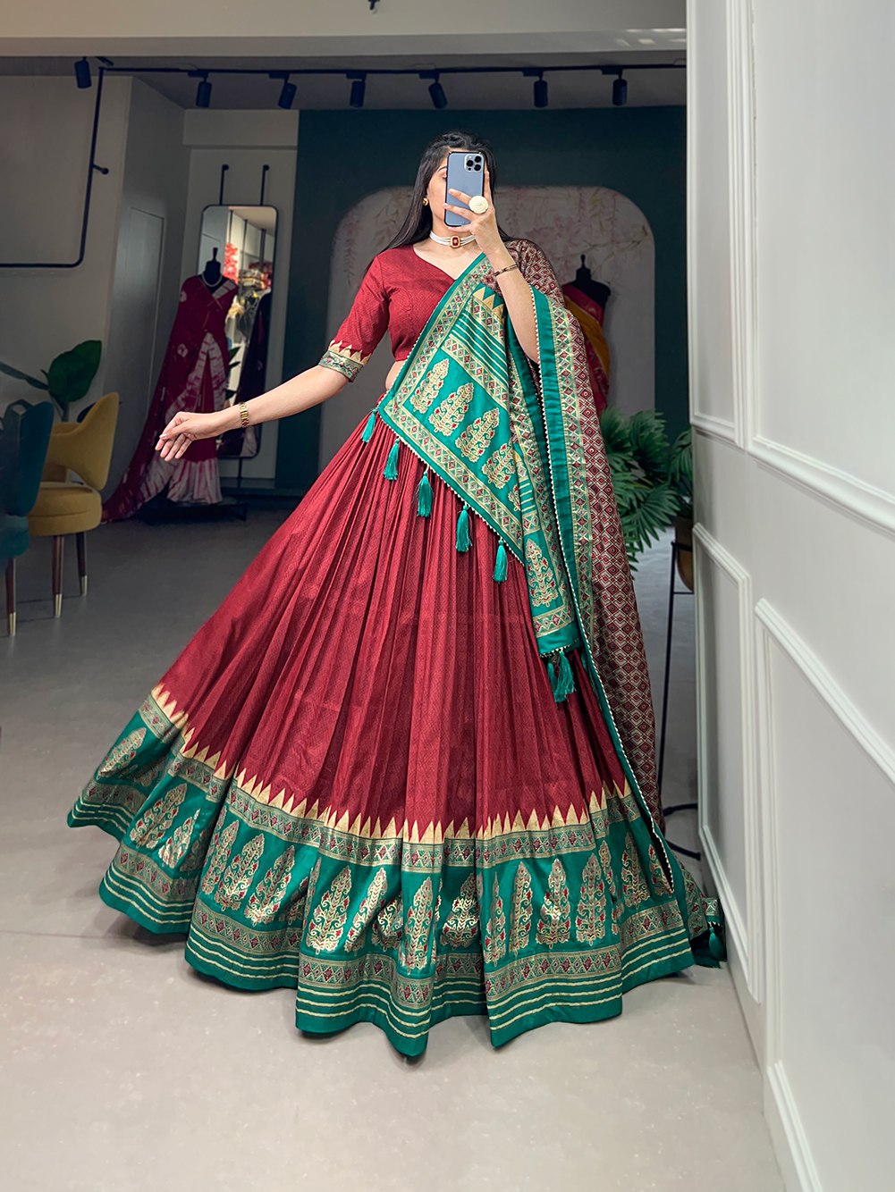 Marvelous Red Foil Work Tussar Silk Lehenga Choli With Dupatta