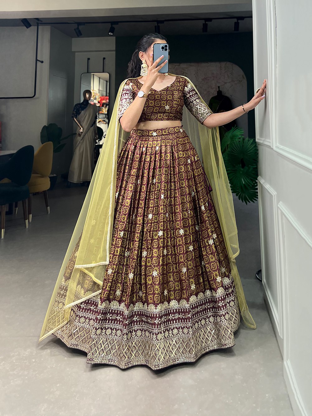 Brown Color Digital Printed Sequins And Embroider Work Chinon Weeding Lehenga Choli