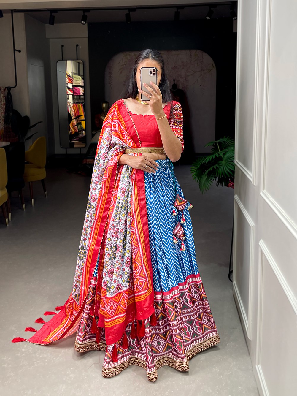 Blue Color Leheriya Patola Print Chinon Lehenga Choli