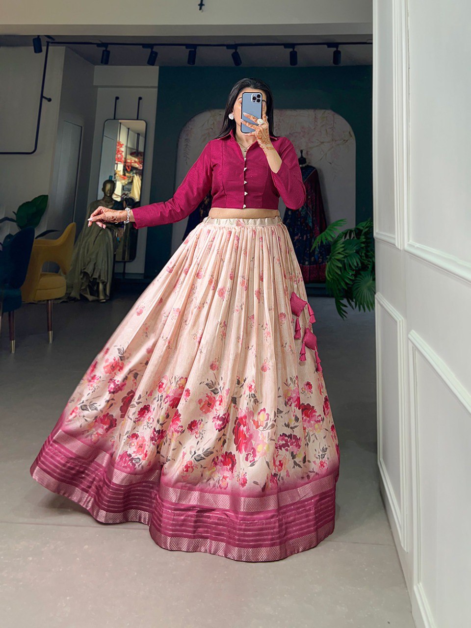 Rani Pink Color Floral Print With Sequins And Zari Border Dola Silk Co-ord Set Lehenga