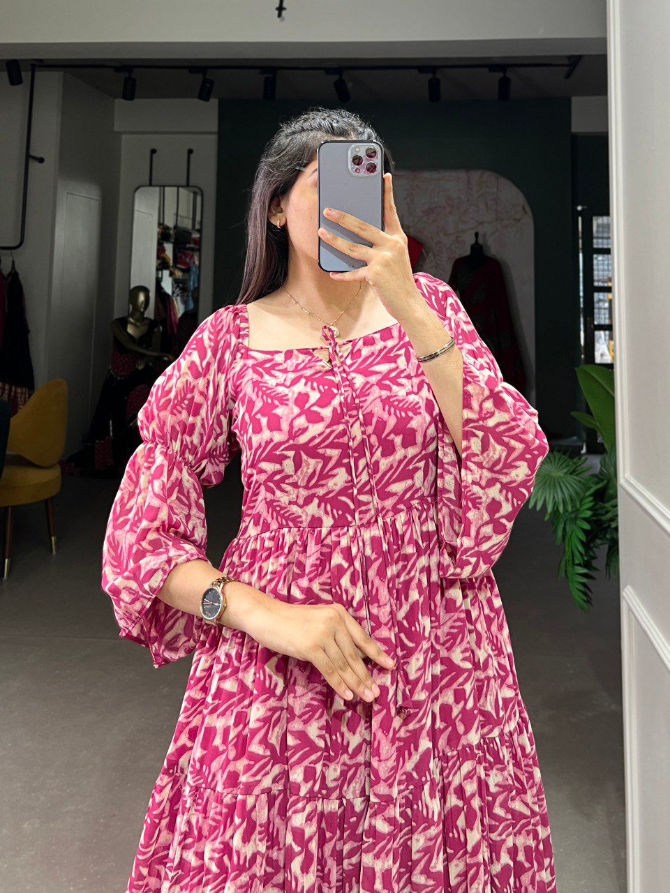 Leaf Print Tiered Boho Pink Midi Dress with Bell Sleeves