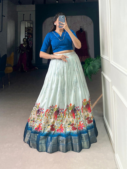 Elegance Blue Cotton Silk Ready to Wear Crop Top And Party Lehenga