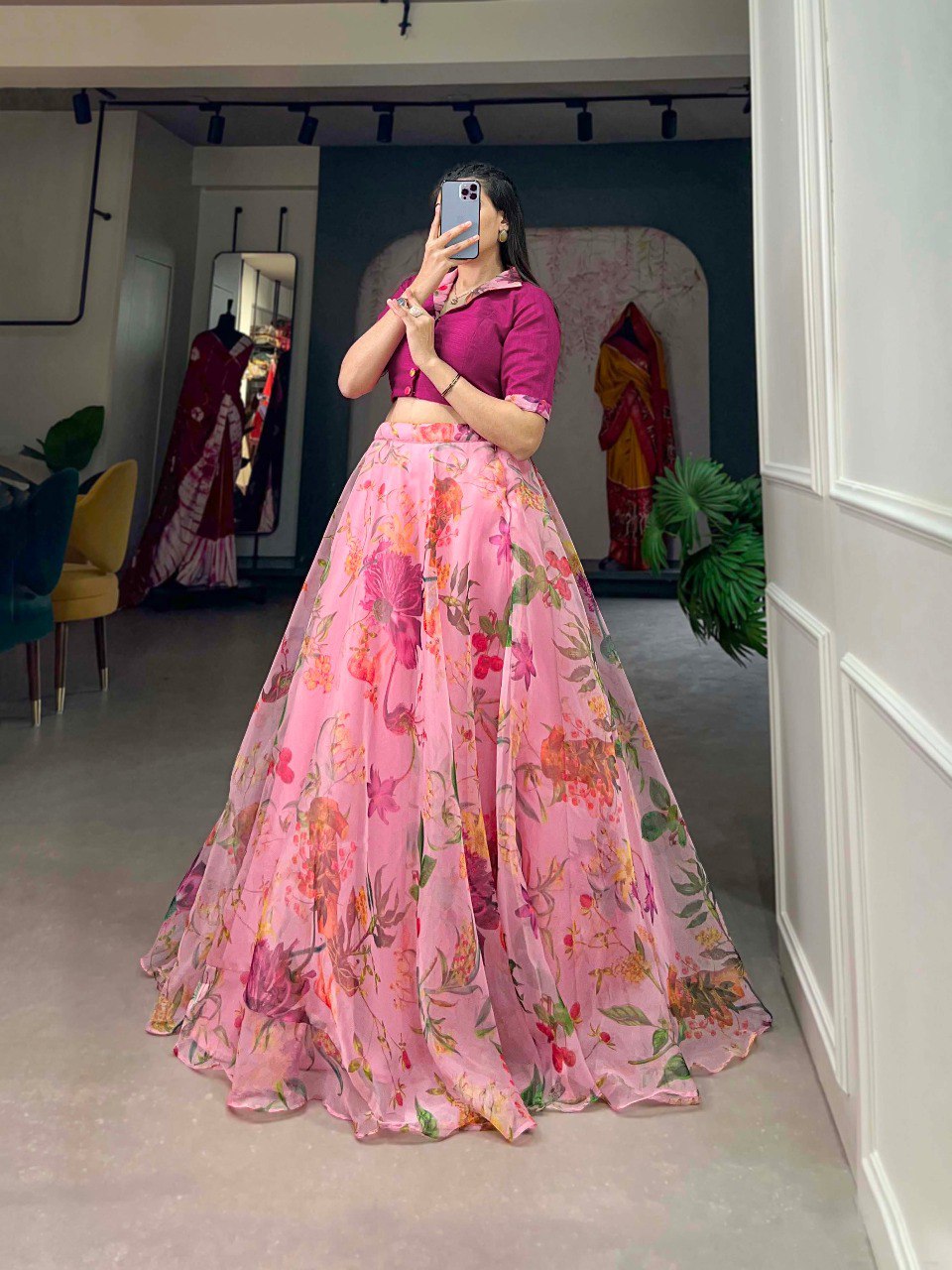 Party Wear Designer Light Pink Organza Floral Print Lehenga And Blouse