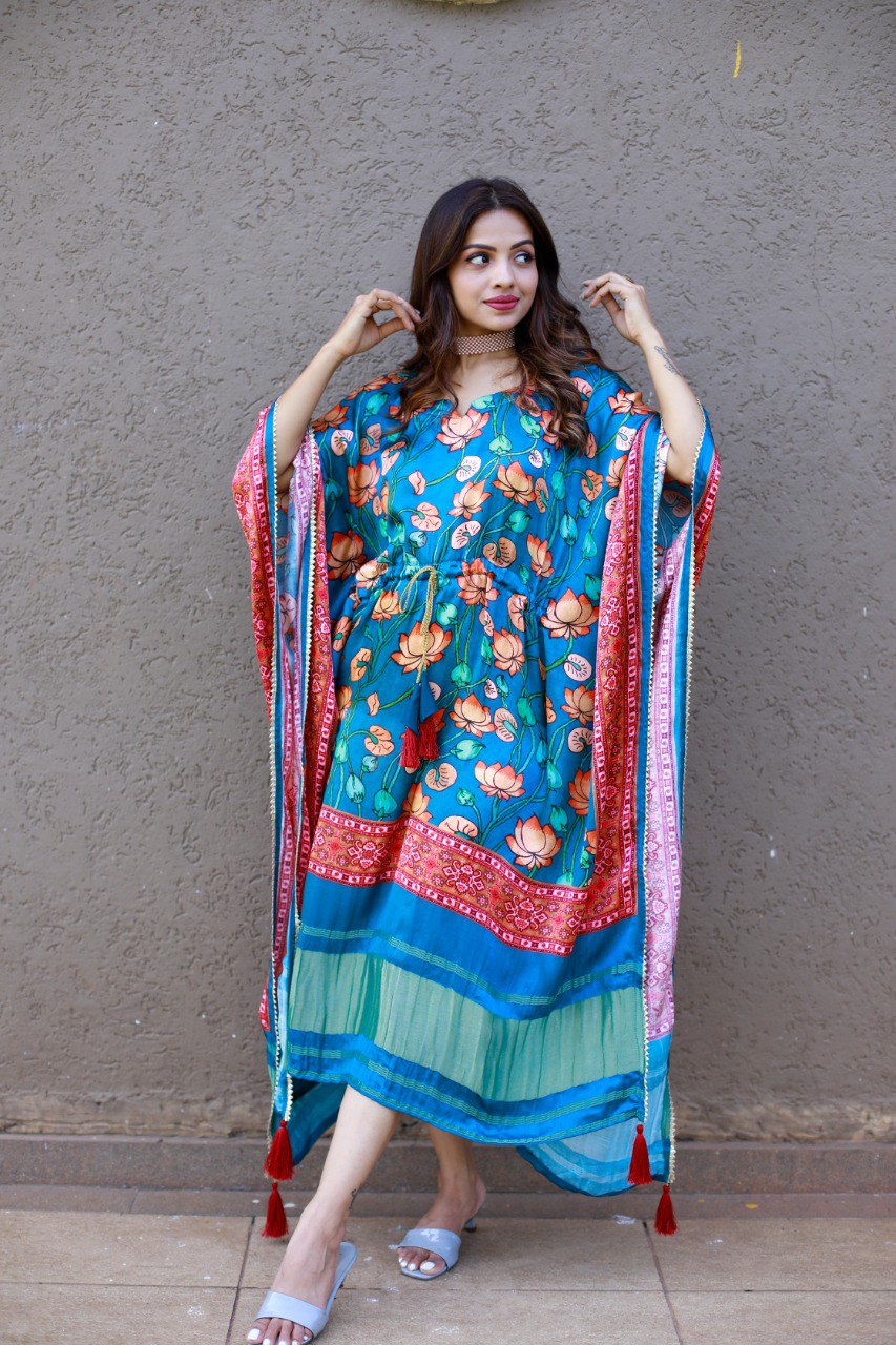 Sky Blue Color Digital Patola Printed Pure Gaji Silk Kaftan