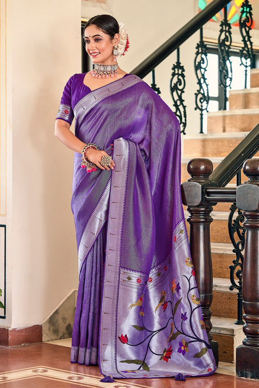 Exquisite Purple Viscose Paithani Meenakari Saree