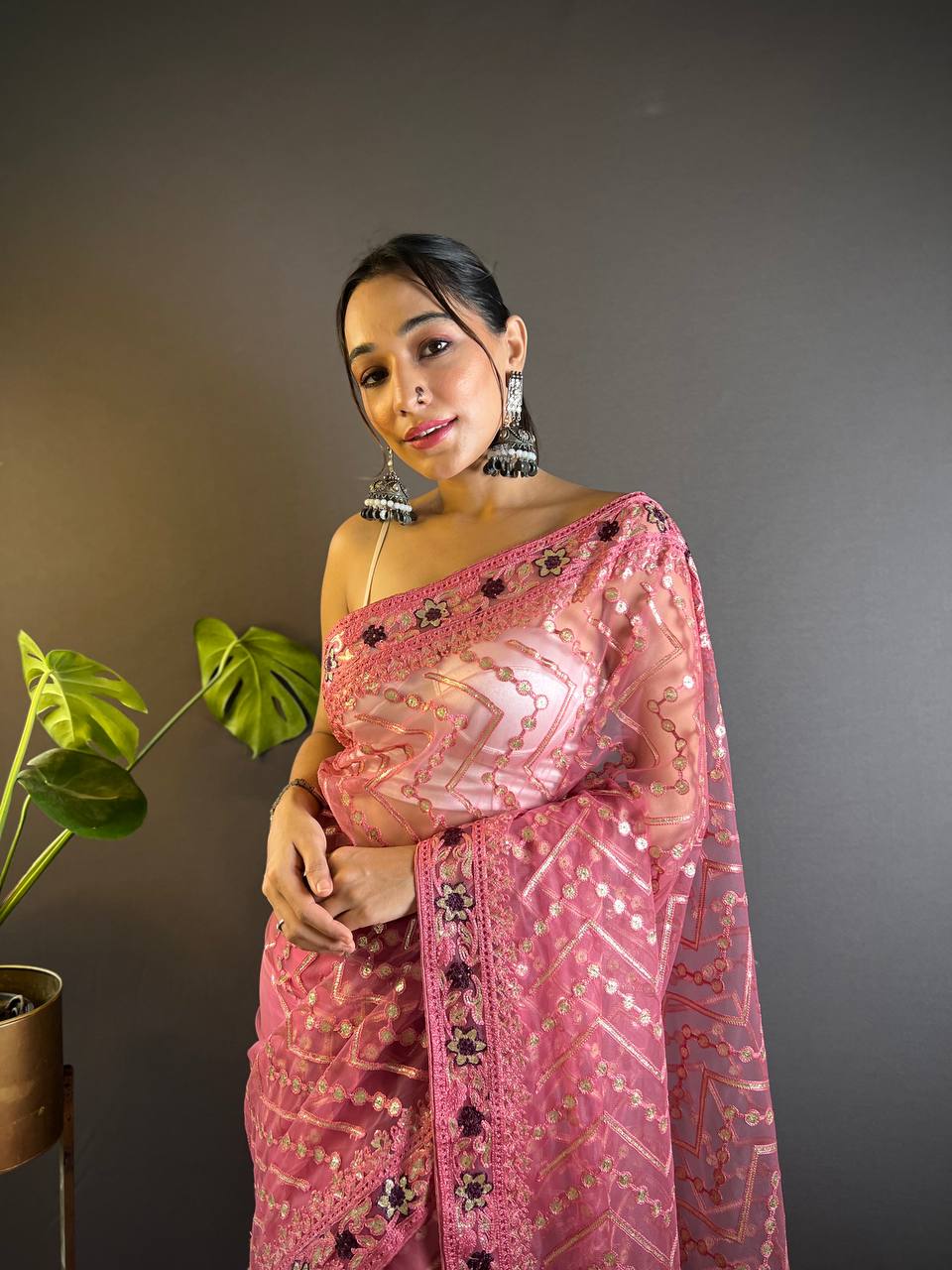 Pink Net Embellished Saree With Unstitched Blouse