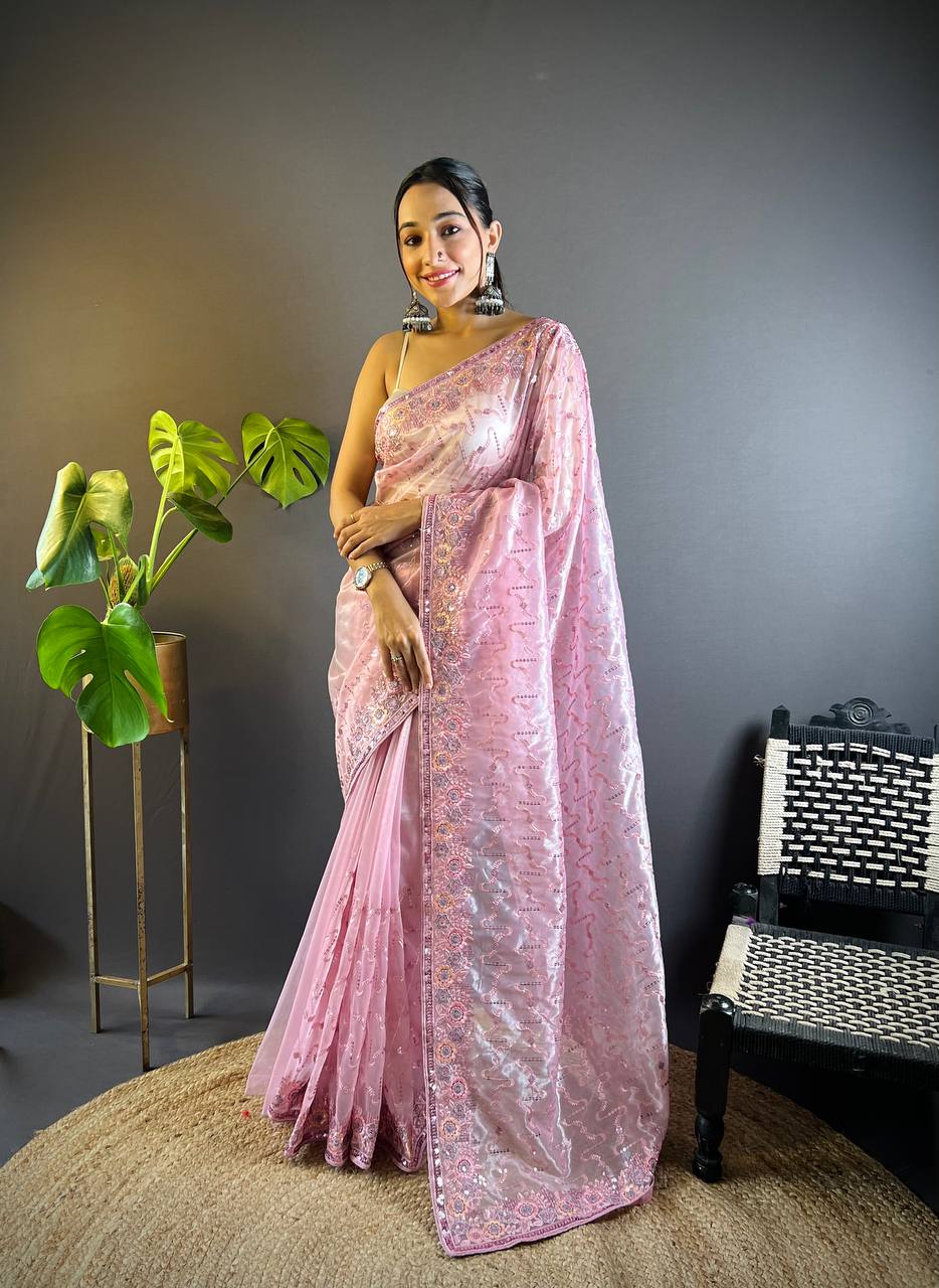 Pink Tissue Silk Embellished Saree With Unstitched Blouse