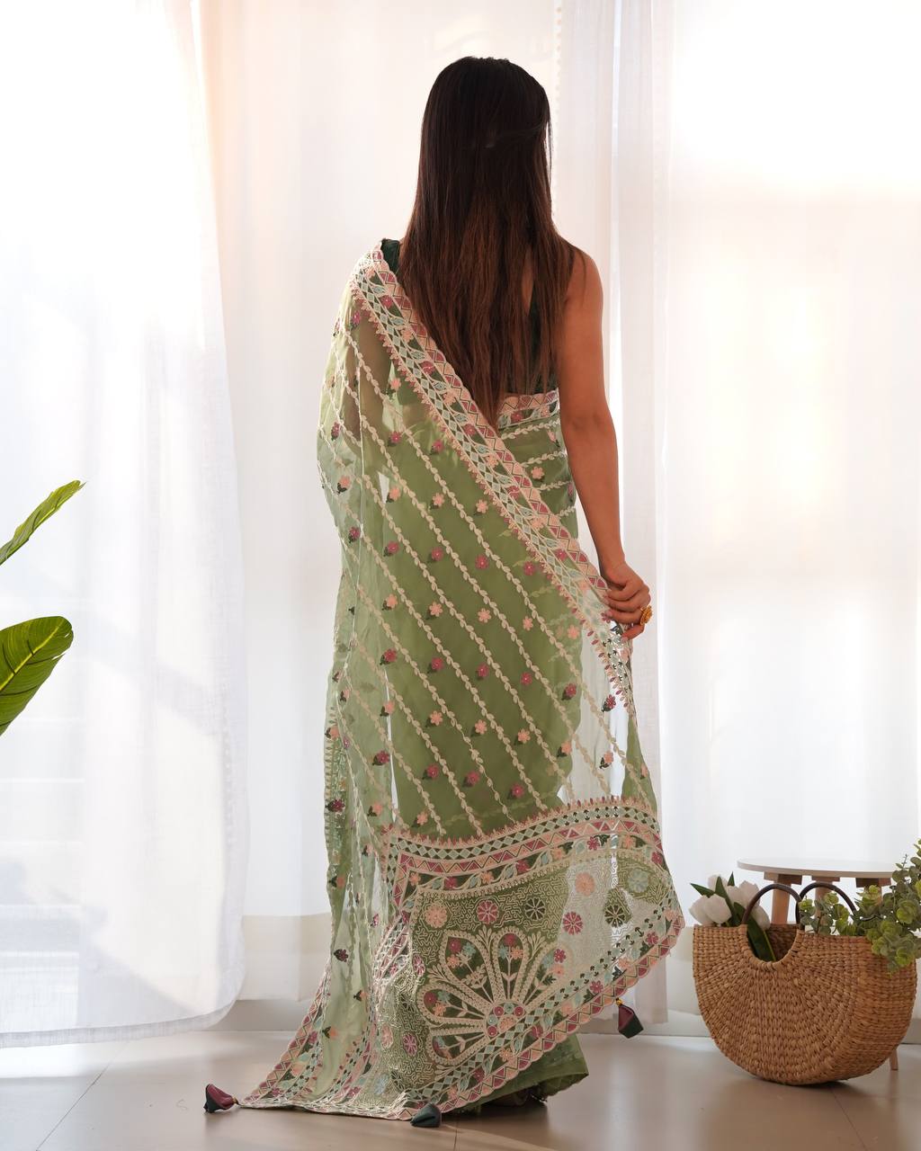 Green Emroidery Worked Organza Silk Saree