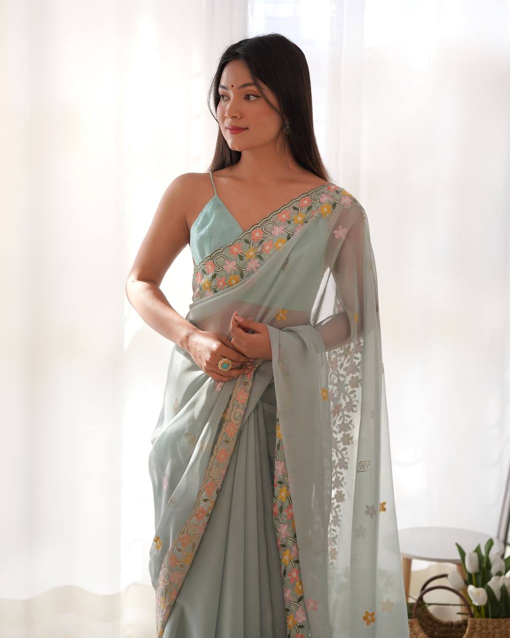 Floral Embroidered Elegance Thai Organza Silk Saree