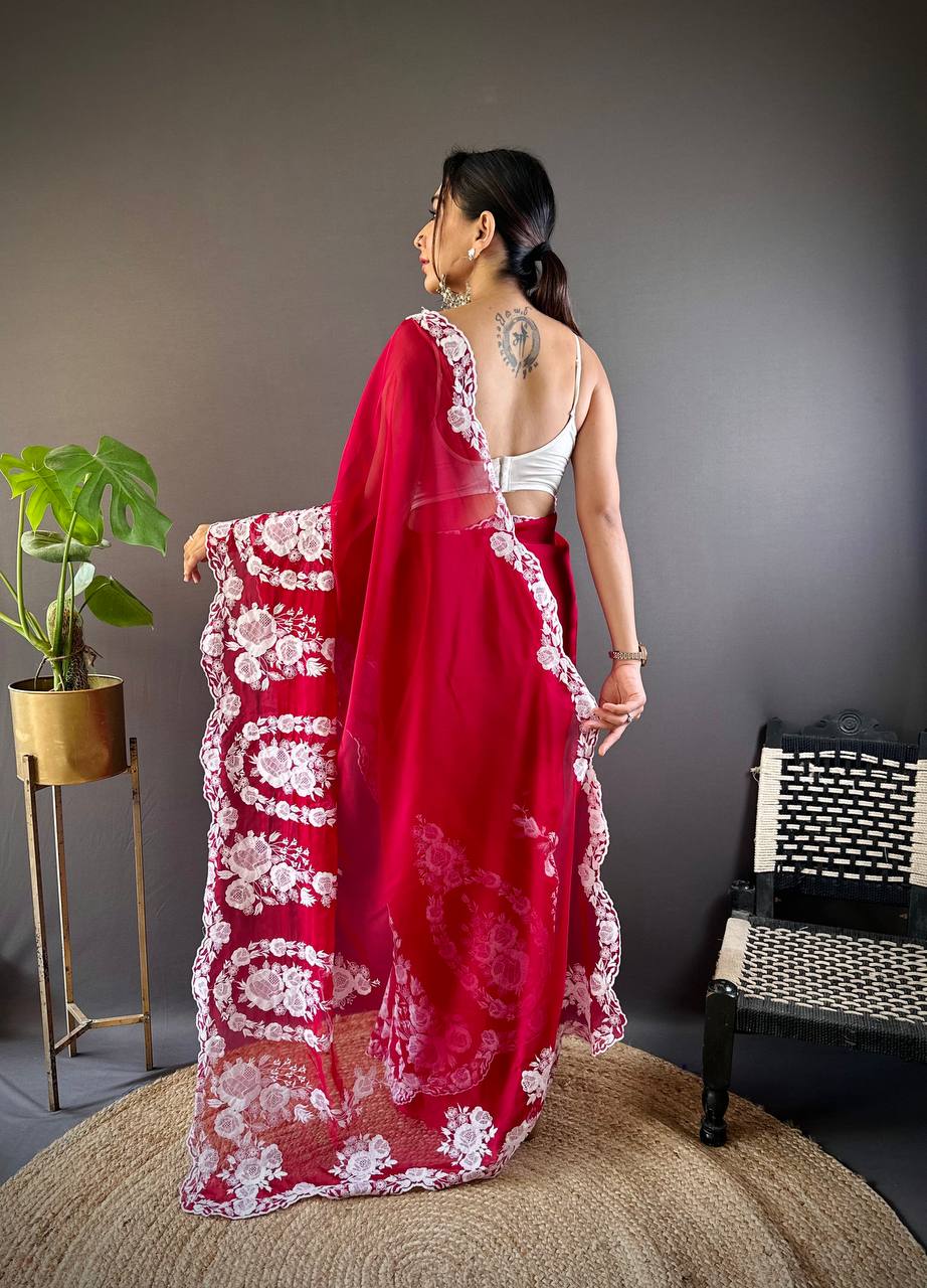 Ruby Red Organza Embroidered Light Weight Saree