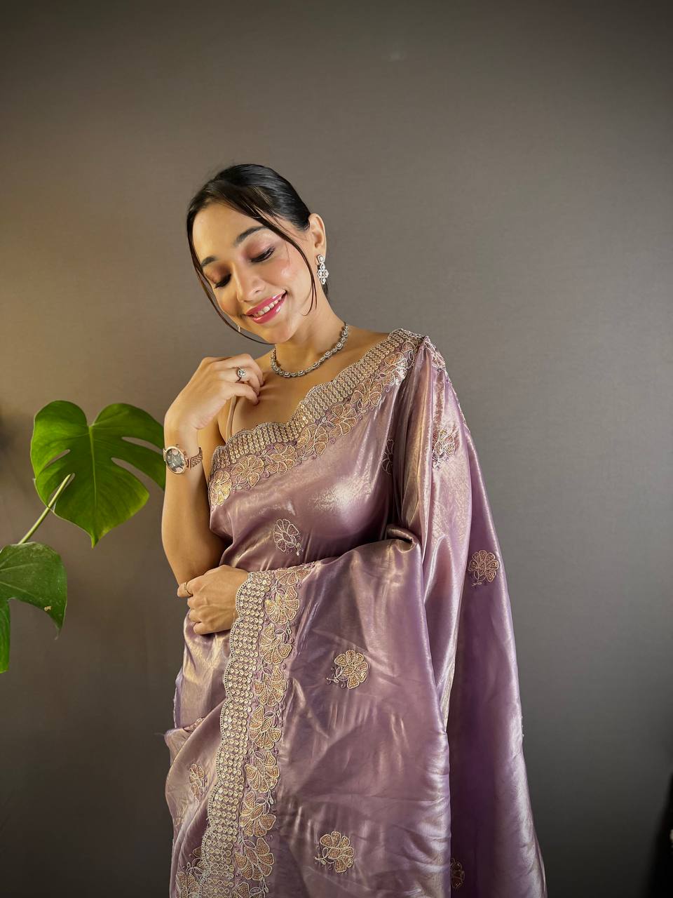 Lavender Embroidered Work Soft Silk Saree