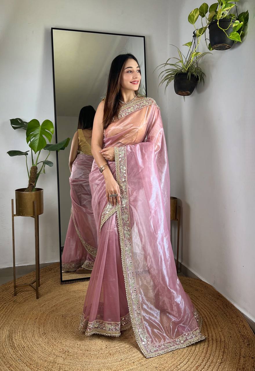 Women's Silver Tissue Silk Solid Pink Saree & Un Stich Blouse